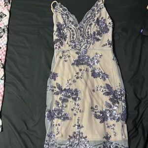 Tan mini dress with blue sequins